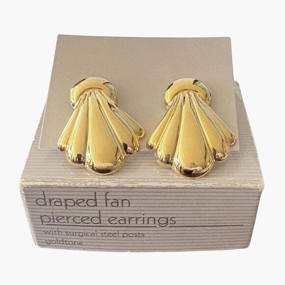 Vintage Art Deco Inspired "Draped Fan" Earrings - Avon 1988 - NIB - Picture 1 of 4